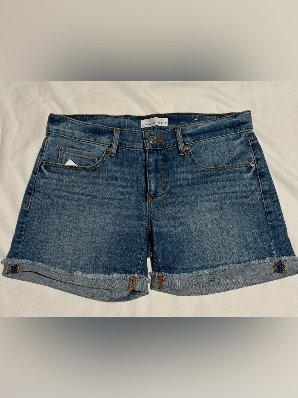 LOFT Medium Blue Denim Frayed Hem Shorts